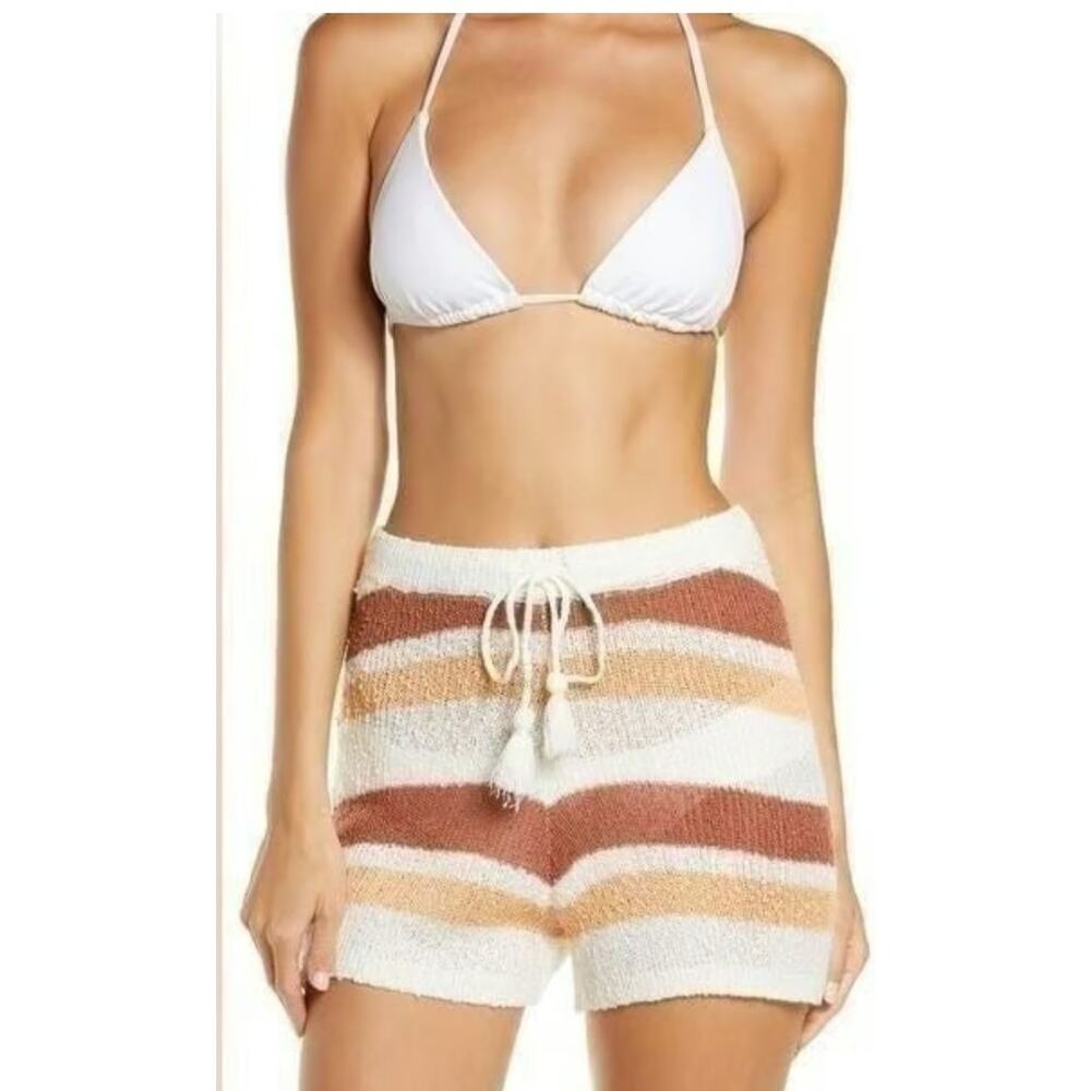 $98 LSpace Oasis Shorts XS Ivory Tan Striped Knit Sheer Swim Cover Up Pull On